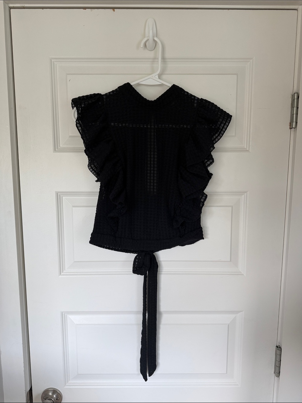 Anthropologie Black Ruffle Sleeve Tie-Back Top